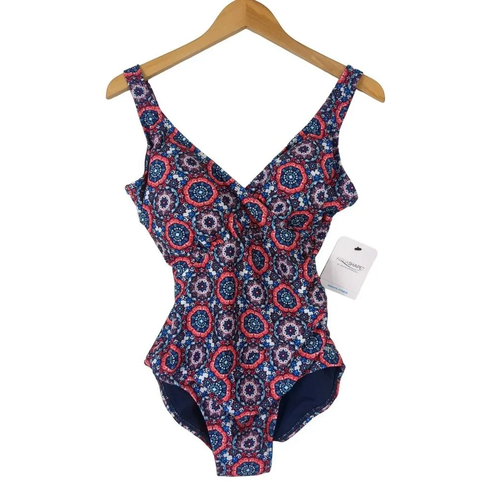 Dolfin Aquashape Swimsuit One Piece Womens 10 Tummy Control Red Pink Blue‎ New